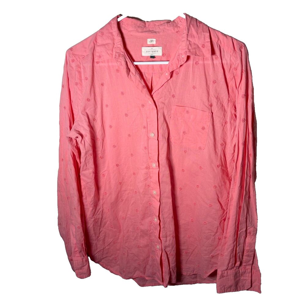 Loft Women's Small The Softened Shirt Pink Embroidered Casual Collared Top